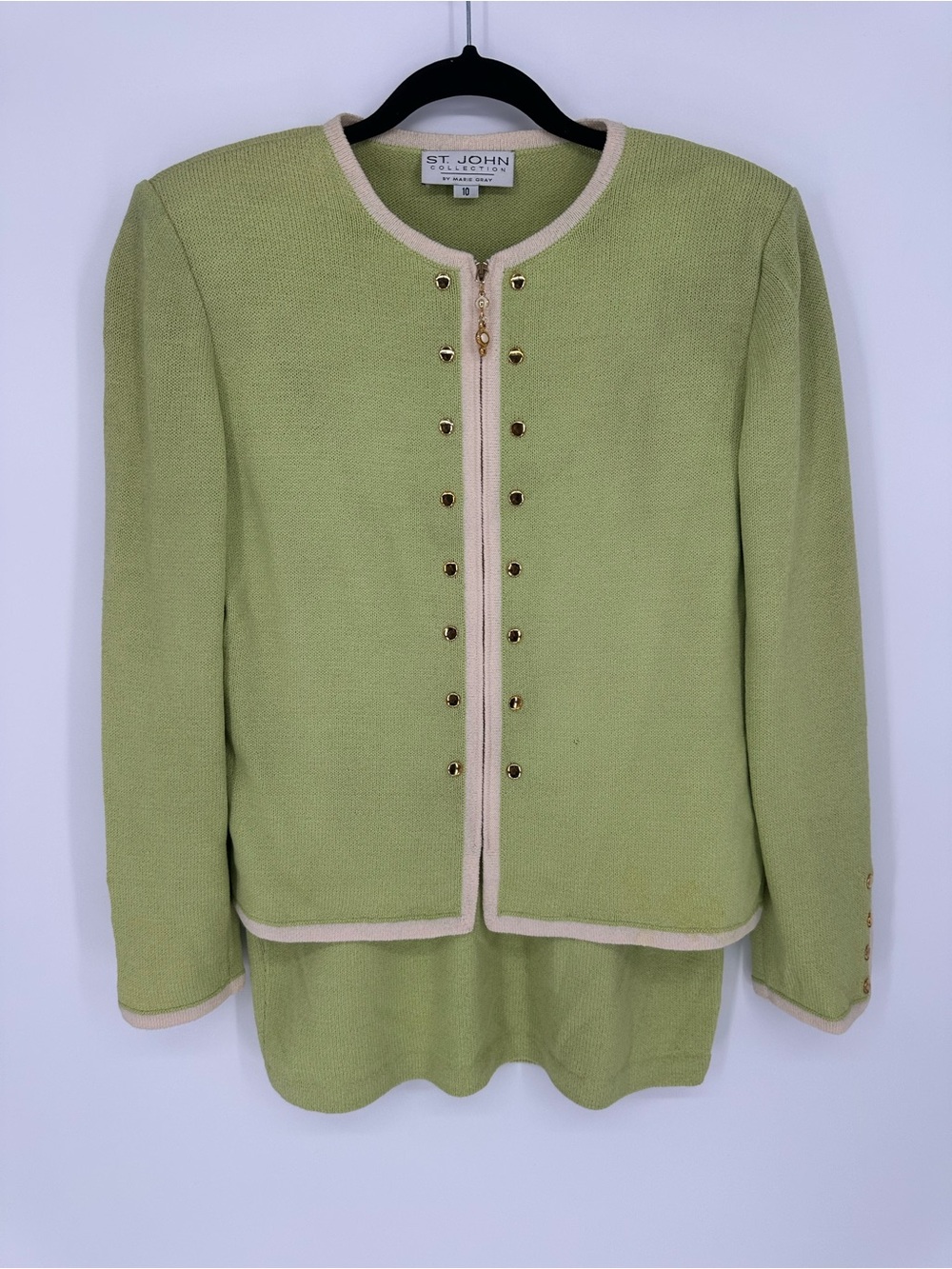 Vintage St. John Collection Marie Gray Green Knit Skirt Suit Set Size 10